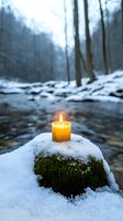 Glowing yellow candle on snow-covered mossy rock in winter forest stream, creating peaceful ambiance in blurred woodland background.