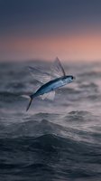 Flying fish leaping above ocean waves at sunset with dramatic pink and purple sky creating magical marine wildlife moment.