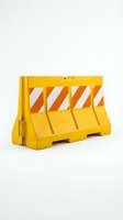 Yellow plastic traffic barrier with orange and white diagonal stripes for road construction, safety, and hazard warning applications.
