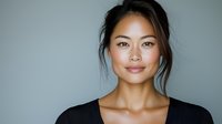 Young Asian woman with natural makeup and pulled back hair wearing black top against neutral gray background for professional headshot or beauty portrait.
