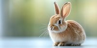 Adorable brown and white dwarf rabbit with long ears sitting on light surface against soft blurred background. Pet photography for greeting cards and animal care materials.