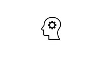 Minimalist black line drawing of human head profile with gear symbol inside, representing mental processes and cognitive function on white background.