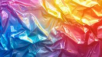 Vibrant crumpled foil texture with rainbow gradient colors from blue to yellow and red, creating dynamic light reflections and abstract wrinkled surface pattern.