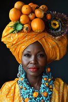 African woman wearing vibrant orange headwrap decorated with citrus fruits and flowers, turquoise beaded necklace, against dark background. Traditional fashion portrait.