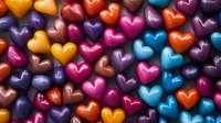 Colorful heart-shaped candies or chocolates arranged in a vibrant pattern featuring shades of red, pink, purple, blue, orange, and yellow. Perfect for Valentine's Day, love-themed designs, confectionery packaging, greeting cards, and festive celebrations.