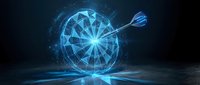 Futuristic holographic dartboard with glowing blue neon lights and digital arrow hitting bullseye on dark background for business targeting concepts.