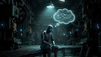 Futuristic robot sitting in industrial warehouse thinking about cloud computing and artificial intelligence technology with glowing thought bubble overhead.