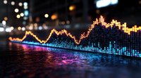 Financial data visualization with glowing neon stock market graph showing price movements against dark background, combining digital analytics and market trends.