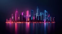 Futuristic city skyline with neon pink and blue glowing skyscrapers reflecting in calm water against dark night sky, creating vibrant urban landscape.