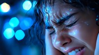 Close-up of young woman with glitter tears and blue bokeh lights in background, expressing deep emotion during nighttime event.