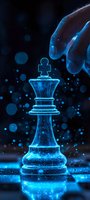 Glowing blue chess king piece with magical particle effects against dark background, with reaching hand creating dramatic atmosphere for strategy concepts.