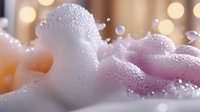 Soft pink and white soap foam with bubbles on blurred warm bokeh background creates dreamy spa atmosphere for wellness and relaxation concepts.