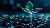 Digital plant sprout with glowing network connections symbolizing sustainable technology growth and eco-friendly innovation in modern business environment.