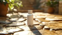 Small white bottle with cap on rustic stone patio with warm sunlight and plant shadows, creating serene outdoor atmosphere for wellness products.