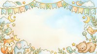 Cute woodland animals with bunting and stars frame isolated on white background, ready for nursery decor, baby shower invitations, greeting cards and children's design projects.