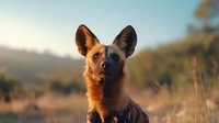 African wild dog portrait in golden sunlight against blurred savanna background, close up view of alert ears and distinctive fur markings during sunrise.