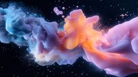 Ethereal abstract smoke clouds in pink, orange and blue tones floating in dark space with glowing particles and dreamy atmospheric effects.