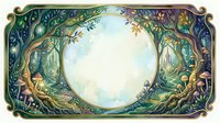 Enchanted forest frame with glowing mushrooms, twisted trees, and a soft circular center space, watercolor style, for cards and invitations.