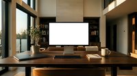 Modern home office workspace with blank monitor screen on wooden desk, surrounded by shelving, plants, and natural light from large windows, suitable for business, technology, and remote work concepts.