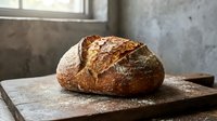 Freshly baked artisan sourdough bread loaf with golden crust on rustic wooden cutting board in modern kitchen setting for culinary and food photography.