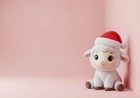 Cute white lamb toy wearing red Santa hat sitting against pink background, perfect for holiday greeting cards, children's illustrations, and festive seasonal designs.
