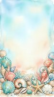 Watercolor seashells frame with coral and starfish on soft blue pink background for summer ocean themed designs and coastal decorations.