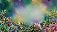 Watercolor background with ornamental floral border featuring gold scrollwork, pink and purple flowers, and green foliage. Soft blended colors create dreamy atmosphere for design projects.