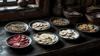 Traditional Asian dried medicinal herbs, mushrooms and roots arranged in ceramic bowls on dark wooden table. Natural alternative medicine ingredients.