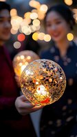 Glowing ornate sphere with intricate metallic patterns held against evening bokeh lights, creating magical atmosphere for holiday and celebration moments.