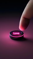 Finger pressing glowing pink love button on dark background with romantic atmosphere. Modern concept of finding love and relationships in digital age.