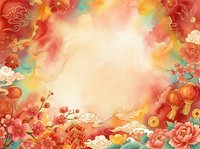 Lunar new year festive background with red lanterns, peonies, and traditional ornaments in watercolor style with copy space.
