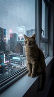 Tabby cat sitting on windowsill gazing at rainy urban cityscape with skyscrapers and neon lights below, perfect for pet, lifestyle and urban themes.