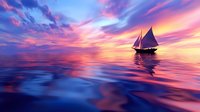 Sailboat silhouette on calm ocean waters during dramatic sunset with vibrant pink and purple sky colors reflecting on water surface for travel concepts.