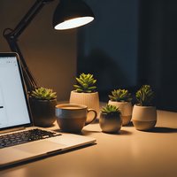 Cozy home office workspace with laptop, desk lamp, coffee mug and small potted succulents creating productive work from home atmosphere for remote work.