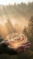 Glowing compass hologram floating above open hands in misty forest at sunrise symbolizing guidance direction and navigation for business concepts.
