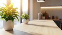 Modern kitchen interior with green houseplant on wooden countertop, blurred background with warm lighting and contemporary design elements.