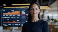 Professional businesswoman with long dark hair in black sweater standing confidently in modern office with financial charts and data analytics displayed on screen behind.