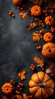 Autumn composition with orange pumpkins, dried leaves and berries on dark textured background. Seasonal fall decoration for harvest festival or Thanksgiving.
