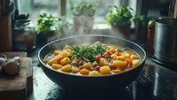 Steaming hot vegetable stew with potatoes, carrots and herbs in black bowl on rustic kitchen counter with natural window light and fresh herbs in background.