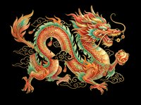 Ornate Asian dragon with golden scales, green and red flowing mane, and decorative clouds isolated on transparent background. Ready for t-shirt design, clipart, stickers, sublimation, and print-on-demand products.