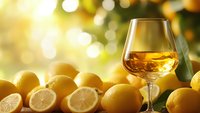 Elegant wine glass filled with golden white wine surrounded by fresh lemons and citrus fruits, warm sunlight bokeh background, beverage and food styling.
