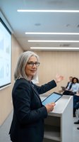 Senior businesswoman presenting at corporate meeting with tablet in modern conference room with colleagues listening in background.