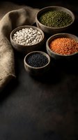 Assorted legumes in rustic wooden bowls with burlap sack on dark surface. Healthy protein-rich ingredients for cooking and meal preparation.