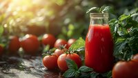 Fresh tomato juice in glass bottle surrounded by ripe tomatoes and basil leaves in natural sunlight, showcasing farm-to-table freshness.