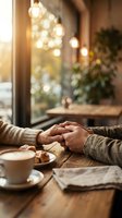 Couple holding hands across wooden table in cozy cafe with warm lighting and coffee. Romantic date, relationship connection and intimate moment together.