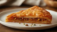 Flaky layered baklava pastry filled with honey and chopped nuts served on white plate, traditional Middle Eastern dessert with golden brown phyllo dough.