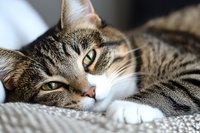 Sleepy tabby cat with bright green eyes resting on gray textile, close-up portrait showing relaxed feline expression and striped fur pattern.