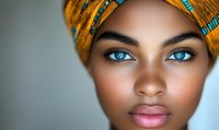 Young African woman wearing traditional headwrap in vibrant yellow and turquoise pattern, striking blue eyes and natural makeup against soft gray background.