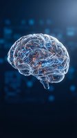 Digital brain with glowing neural networks and electric connections on dark blue technology background for artificial intelligence concepts.