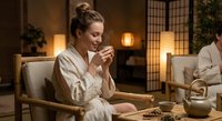 Young Caucasian woman in white bathrobe enjoying hot tea during relaxing spa wellness session in serene Japanese-style interior with warm ambient lighting.